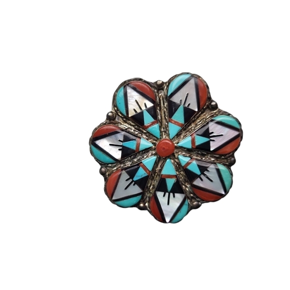 Handcrafted by Wilson & Carolyn Niiha Zuni Silver Gemstone Mosaic Inlay flower - Picture 3 of 6